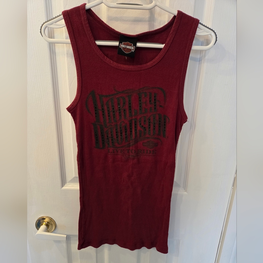 Harley Davidson Burgundy Graphic Tank Top With Black Rhinestones Women's Medium